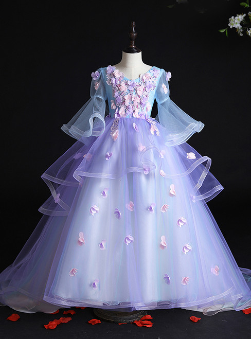 Blue Tulle Long Sleeve Appliques Flower Girl Dress