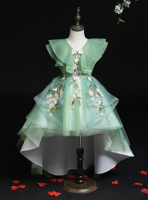 Green Hi Lo Tulle Appliques Flower Girl Dress