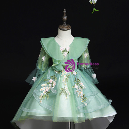 Long sleeves Floral Applique A-line Flower Girl Dress Lime Green