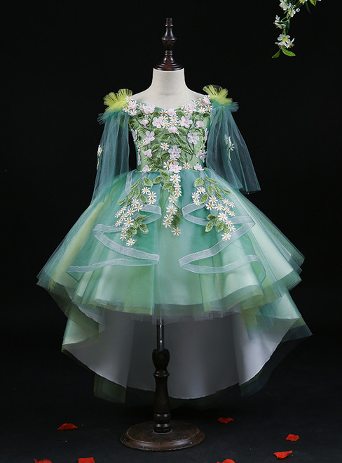 Green Hi Lo Tulle Appliques Off the Shoulder Flower Girl Dress