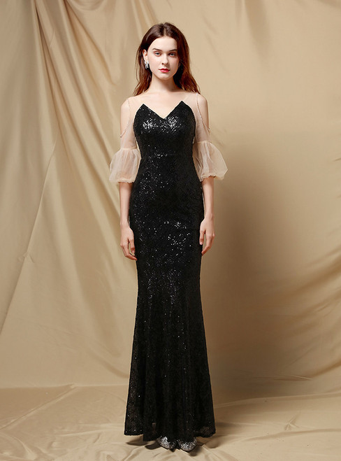 In Stock:Ship in 48 Hours Black Mermaid Sequins Puff Sleeve Party Dress