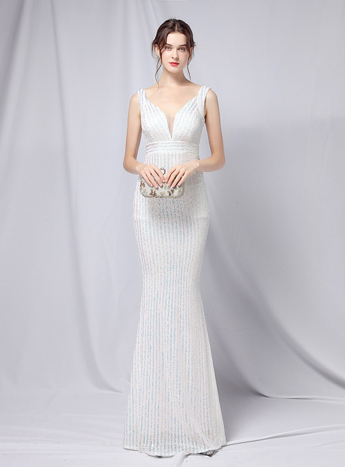 In Stock:Ship in 48 Hours White Sequins V-neck Long Party Dress