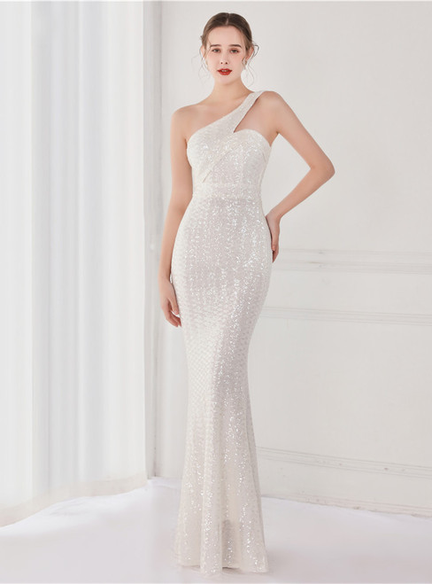 In Stock:Ship in 48 Hours Sexy White One Shoulder Sequins Party Dress