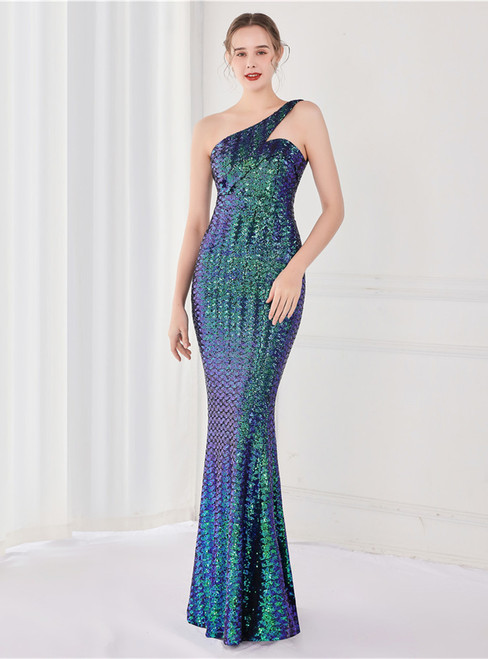 In Stock:Ship in 48 Hours Green One Shoulder Sequins Party Dress