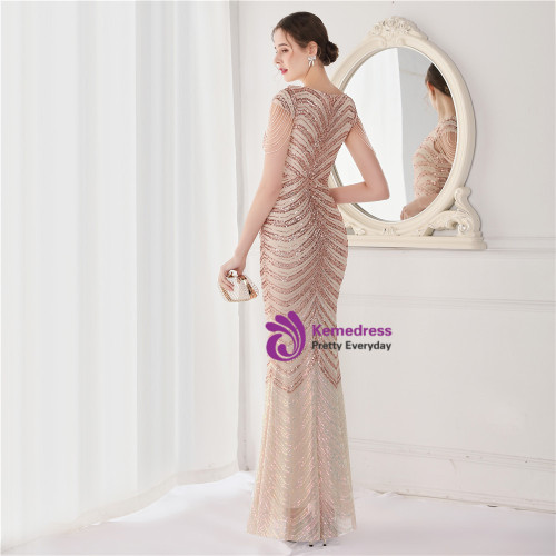 Cap Sleeves Long Dresses with Sequins Top Gold