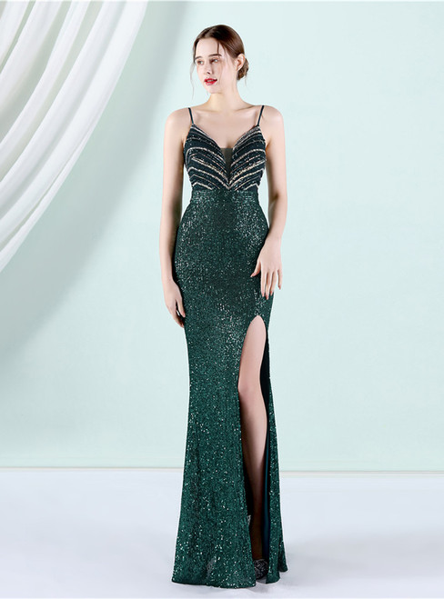 In Stock:Ship in 48 Hours Green Sequins Split Party Dress