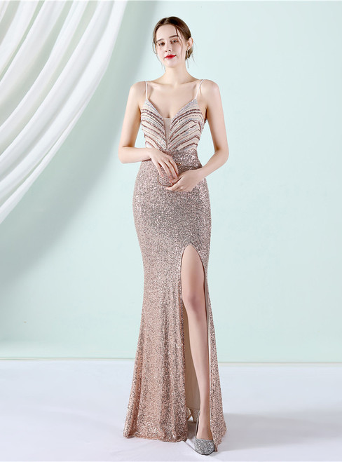 In Stock:Ship in 48 Hours Gold Sequins Split Party Dress