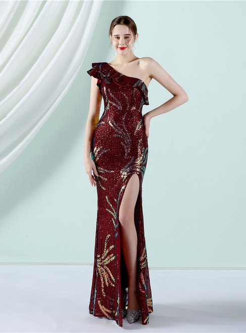 In Stock:Ship in 48 Hours Dreamy Burgundy Sequins One Shoulder Party Dress