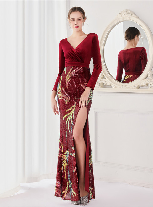 In Stock:Ship in 48 Hours Burgundy Long Sleeve V-neck Party Dress