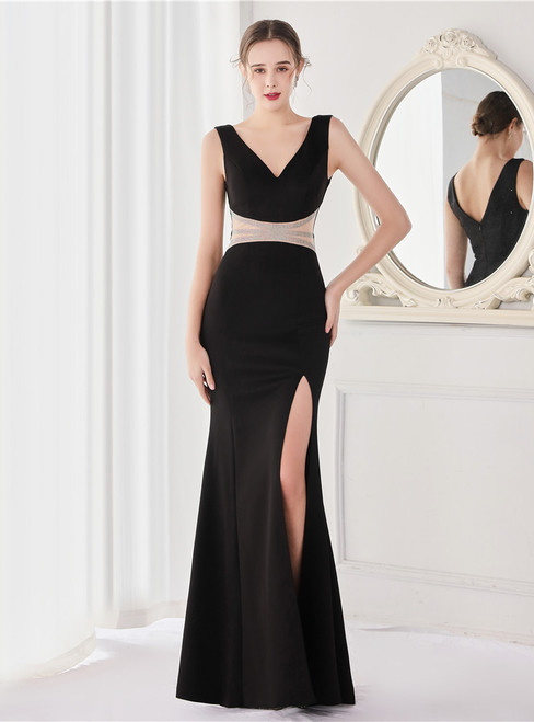 In Stock:Ship in 48 Hours Black V-neck Beading Party Dress