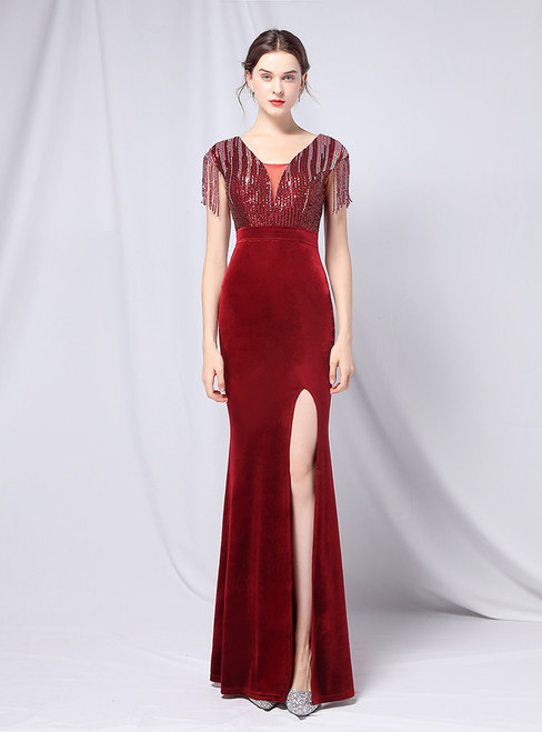 In Stock:Ship in 48 Hours Burgundy Velvet Sequins Beading Party Dress