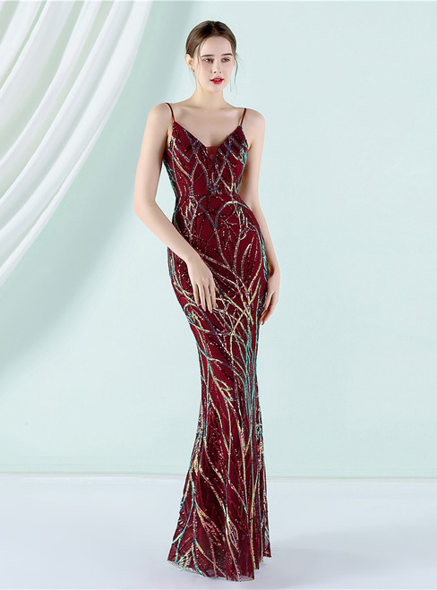 In Stock:Ship in 48 Hours Dreamy Burgundy Spaghetti Straps Party Dress