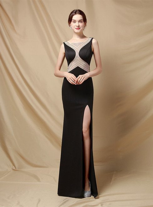 In Stock:Ship in 48 Hours Black Satin Beading Party Dress