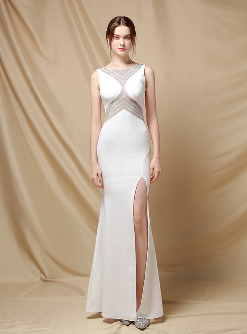 In Stock:Ship in 48 Hours White Satin Beading Party Dress