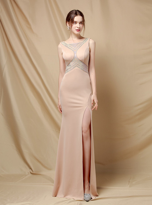 In Stock:Ship in 48 Hours Apricot Satin Beading Party Dress