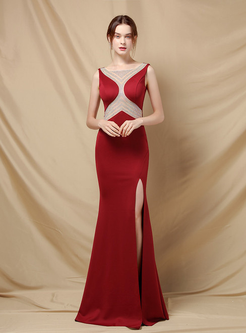 In Stock:Ship in 48 Hours Burgundy Satin Beading Party Dress