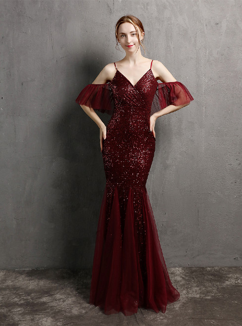 In Stock:Ship in 48 Hours Burgundy Mermaid Spaghetti Straps Pleats Party Dress