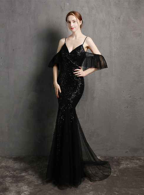 In Stock:Ship in 48 Hours Black Mermaid Spaghetti Straps Pleats Party Dress