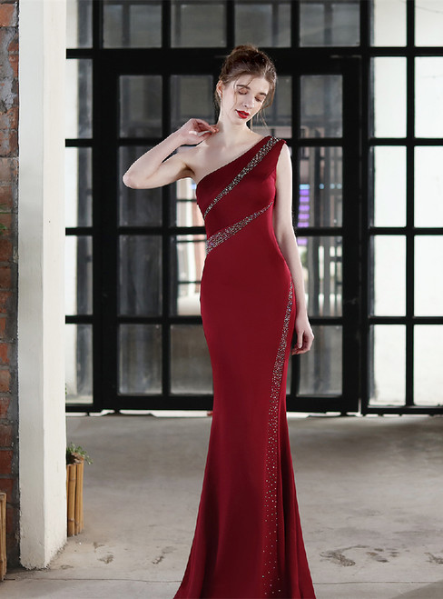 In Stock:Ship in 48 Hours Hot Sale Burgundy One Shoulder Beading Party Dress