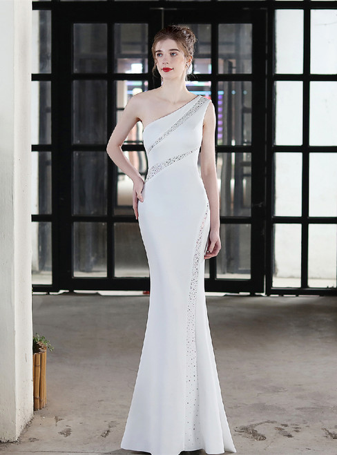 In Stock:Ship in 48 Hours Popular White One Shoulder Beading Party Dress