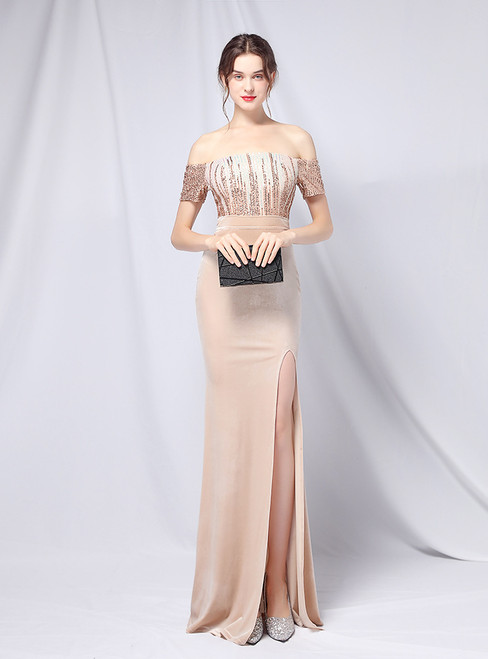 In Stock:Ship in 48 Hours Gold Off the Shoulder Velvet Party Dress