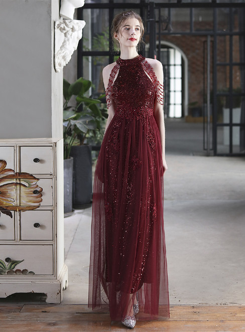 In Stock:Ship in 48 Hours Burgundy Halter Sequins Tulle Beading Party Dress