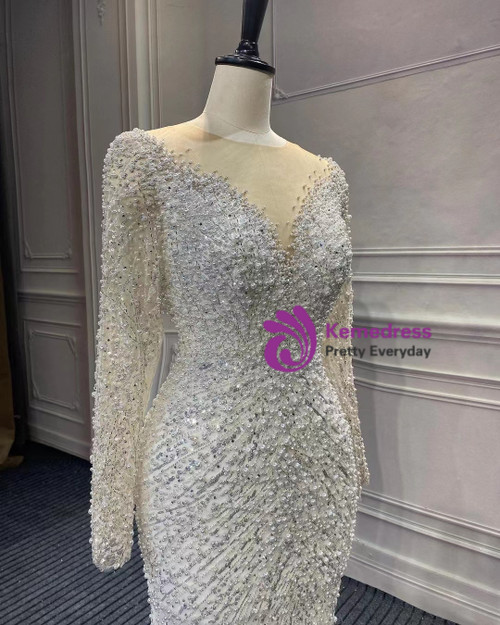 Plus Backless Applique Bishop Sleeves Mermaid Hem Evening Dress Wedding Dress
