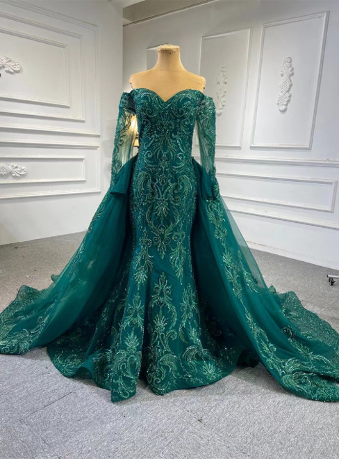 Dark Green Mermaid Tulle Appliques Beading Prom Dress