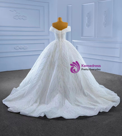 White Wedding Dress Strapless Off The Shoulder Sleeveless Sequined Ruffle Tulle Bridal Gown main image 1