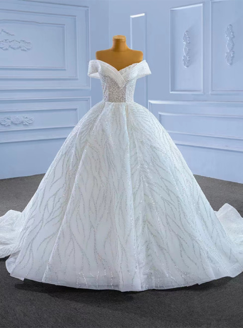 Luxury White Tulle Sequins Off the Shoulder Beading Wedding Dress
