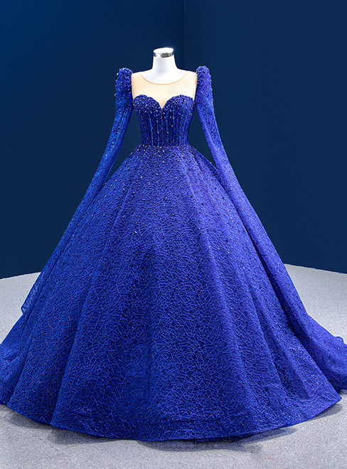 Luxury Royal Blue Long Sleeve Beading Prom Dress