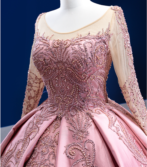 A-line Long Tulle Backless Pink Appliques Beading Prom Dress, PD0014
