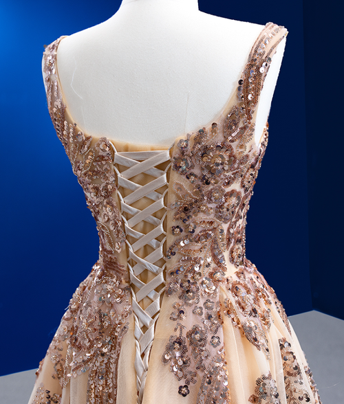 Gold Tulle Sequins Beading Sleeveless Evening Prom Dress
