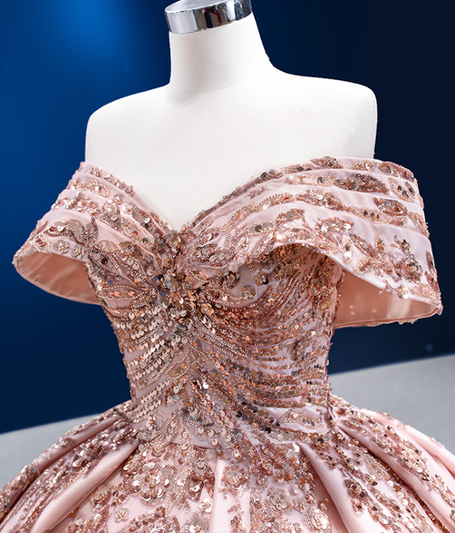 Pink Off-the-Shoulder Sequin Prom Dress with Bubble Sleeves and Tulle Belt