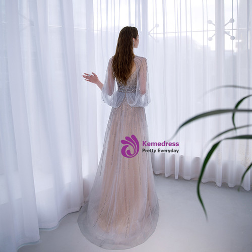 Silver V-neck Gray Tulle Long Formal Evening Dresses Sequin Prom Dress PL194