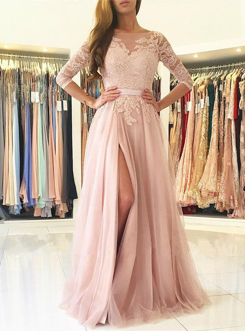Pink Appliqued Tulle Side Slit Evening Dress with 3/4 Sleeves