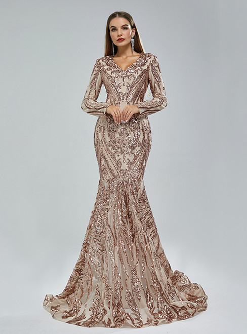Sexy Gold Mermaid V-neck Long Sleeve Sequins Prom Dress