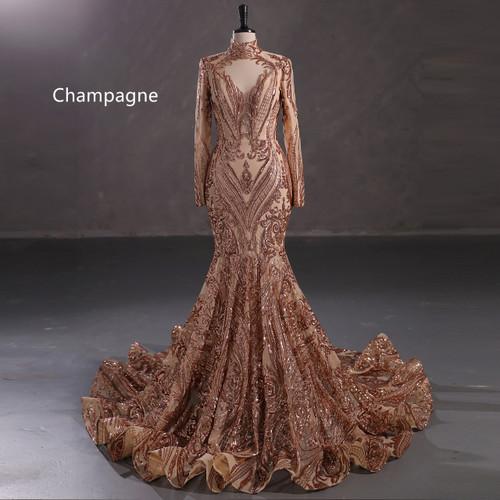 Trendy Dark Green High Neck One Shoulder Long Sleeve Mermaid Prom Gowns SREAL218 main image 0
