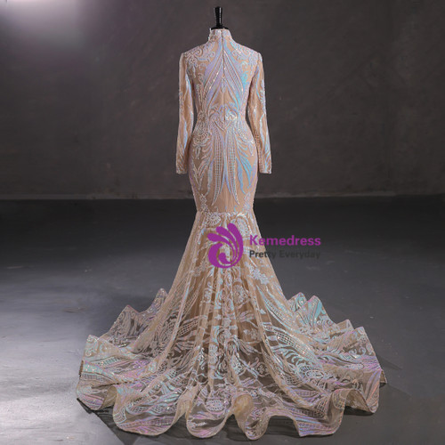 Trendy Dark Green High Neck One Shoulder Long Sleeve Mermaid Prom Gowns SREAL218 main image 1