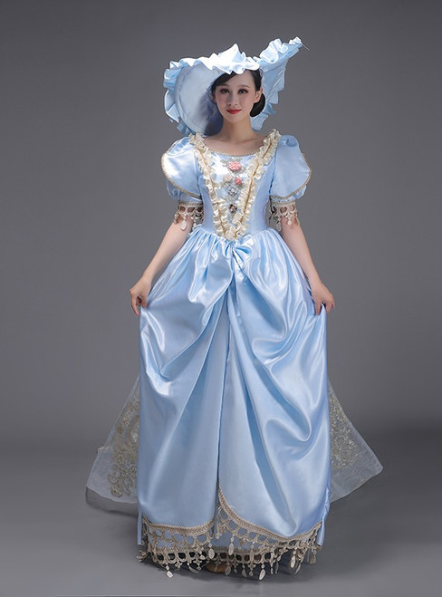 Blue Satin Tulle Appliques Victorian Antonietta Dress