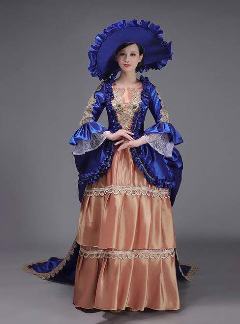 Royal Blue Orange Satin Long Sleeve Appliques Baroque Antonietta Dress
