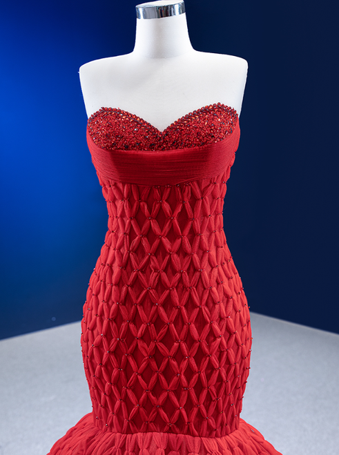 Red Gradient Tulle Sweetheart Beaded Straps Prom Dres, Red Long Formal Dress