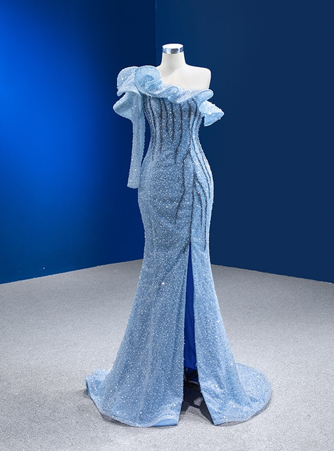 Blue Sequins One Shoulder Beading Prom Dress