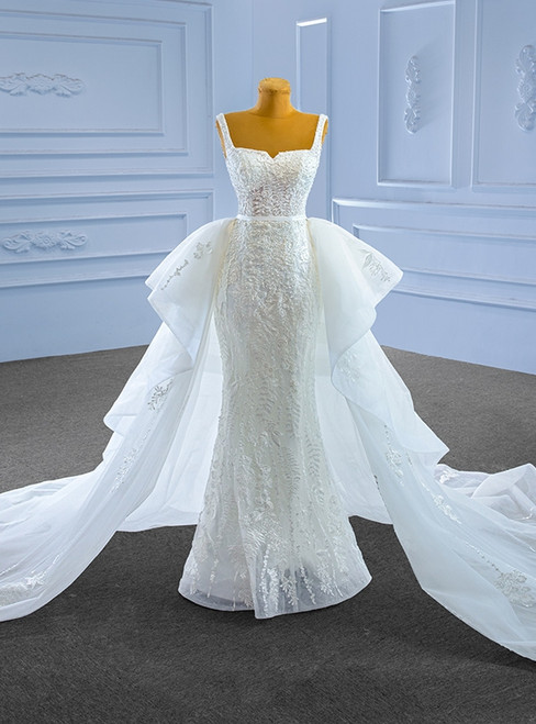 White Mermaid Tulle Appliques Wedding Dress With Detachable Train