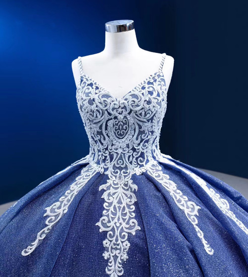 A Line Spaghetti Straps Light Blue Prom Dresses With Beading Appliques, QB0682
