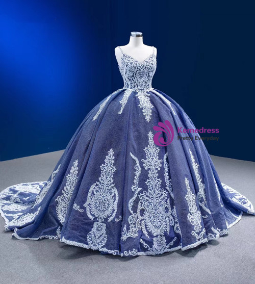 A Line Spaghetti Straps Blue Sequined Prom Dresses with Flowers LBQ2396