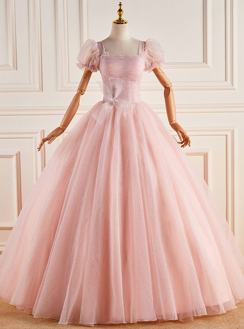 Pink Tulle Square Puff Sleeve Pleats Quinceanera Dress