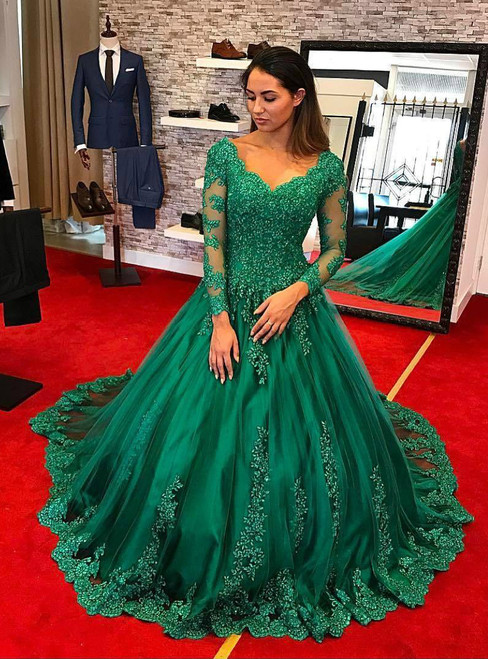 Green Ball Gown V-neck Long Sleeve Tulle Appliques Prom Dresses