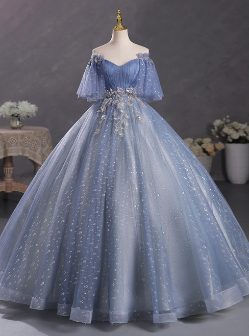 Blue Tulle Sequins Off the Shoulder Beading Quinceanera Dress