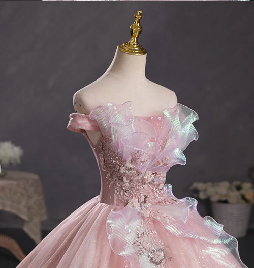 Glamorous Pink Tulle Sequin Beaded Appliques Quinceanera Dress Sweet 16 Dress With Bow